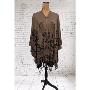 Oversized Paisley Fringe Cape Mocha Sweater Wrap Open Front Blanket Poncho O/S